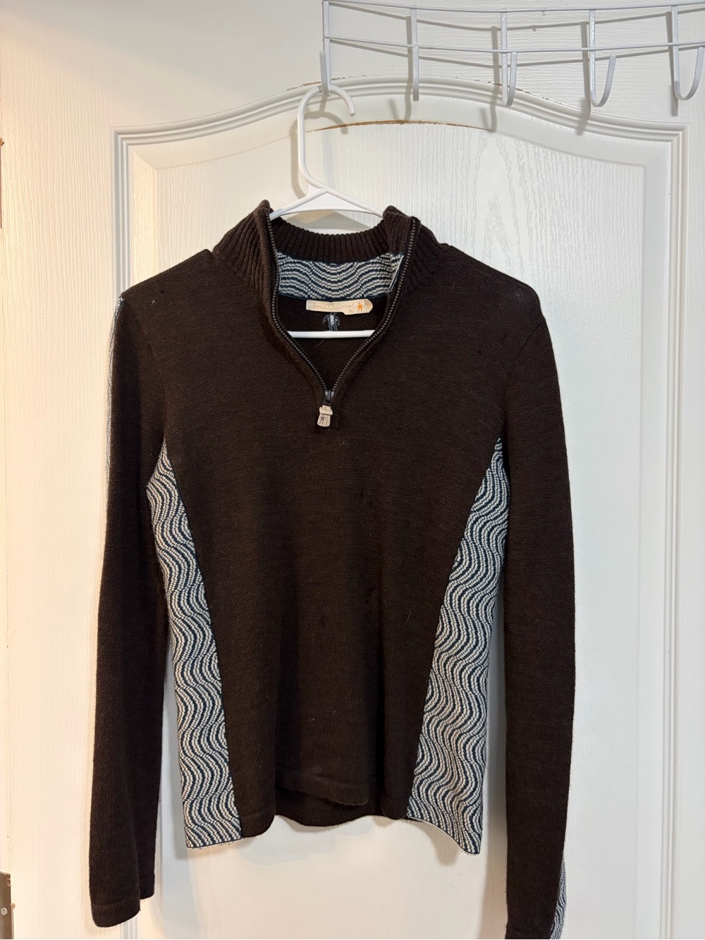Women’s Black Quarter-Zip Sweater with Patterned Side Panels